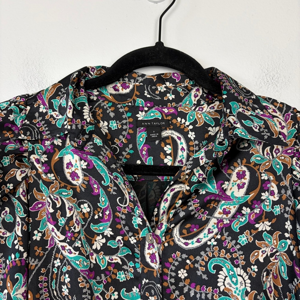 Ann Taylor Floral Belted Shirtdress Button Front Long Sleeve Midi Black Size 2 - Picture 4 of 15